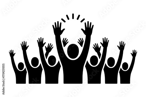 Seven Silhouetted Figures with Raised Hands: Unity, Celebration, and Group Achievement Icon