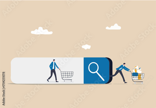 SEO, Search Engine Optimization, customer search online and buy from website, conversion rate concept, customer queue in search bar and checkout with full of purchased items in shopping cart.