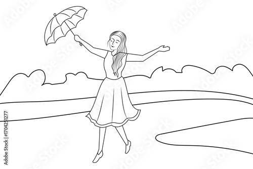 Outline of young woman, girl with an umbrella walking on road. Silhouette of a woman. A happy girl with umbrella walkinga  bright sunny day.  Summer landscape line art. Vector illustration.