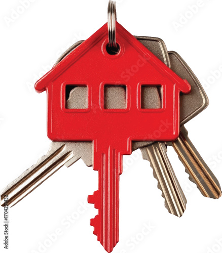 Red House Shaped Key Fob With Three Silver Keys On A White Background home real estate