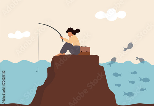 Fail to see opportunity, uninspired employee stuck to find creativity, motivation, corporate success or challenge, bored woman blindly sit and fishing at wrong place while ignore success opportunity.