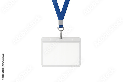 Blank white vertical badge mockup with blue lanyard hanging on transparent background