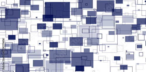 A modern geometric pattern showcases a dynamic arrangement of indigo and white squares, creating a sophisticated abstract design with overlapping shapes and minimalist appeal on a bright background
