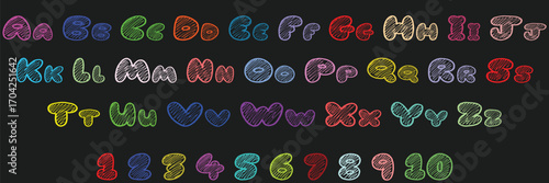 Bright neon alphabet and numbers set with hearts and stars on dark background, ideal for kids, education, creative designs, and playful projects. Includes uppercase letters and numbers 1 to 10. 