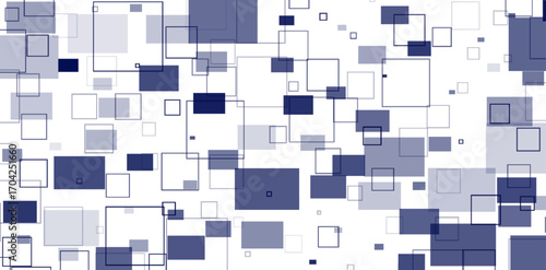 The graphic presents an abstract background featuring various sized squares in different shades of blue, from deep navy to light sky blue, arranged randomly on a clean white canvas