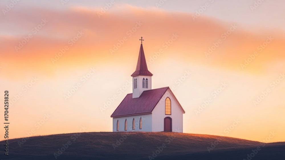 Fototapeta premium Church on hilltop at sunset