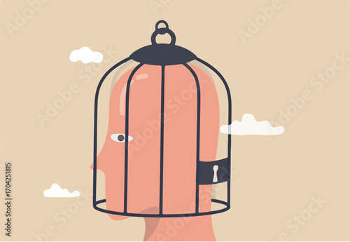 Fixed mindset, negative emotion refuse to learn anything new, fearful or mental lock, suppression or aversion disorder concept, bird cage lock over depressed fearful human brain.