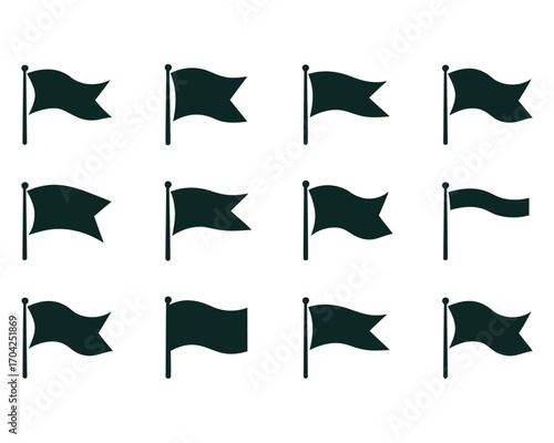 A vector illustration of a collection of black flag icons. Set of twelve diverse waving banner shapes on flagpoles, presented as isolated symbols