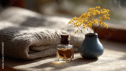 A serene still life featuring a small perfume bottle, a vase of yellow flowers, and a folded cloth, all bathed in soft, natural light.
