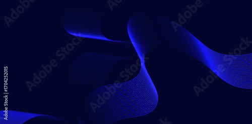 Abstract dark blue background showcases flowing, translucent shapes formed by parallel lines, creating a modern and elegant design perfect for technology and creative themes