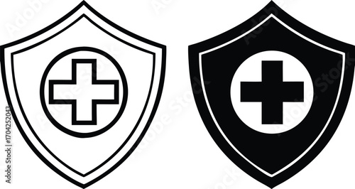 Health Protection Icons. Black and White Vector Illustrations. Shield and Plus Sign. Strengthening and Restoring Human Health, Preventing Diseases and Injuries. Concept Protection

