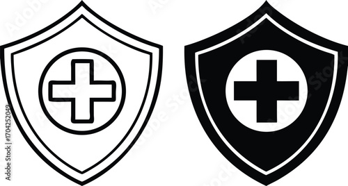 Health Protection Icons. Black and White Vector Illustrations. Shield and Plus Sign. Strengthening and Restoring Human Health, Preventing Diseases and Injuries. Concept Protection

