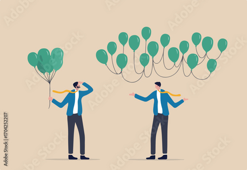 Decentralization, blockchain technology to distribute authority without center, DeFi Decentralized Finance concept, businessman holding centralized balloons looking at decentralized balloons network.
