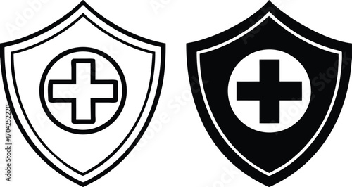 Health Protection Icons. Black and White Vector Illustrations. Shield and Plus Sign. Strengthening and Restoring Human Health, Preventing Diseases and Injuries. Concept Protection

