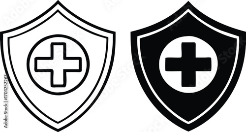 Health Protection Icons. Black and White Vector Illustrations. Shield and Plus Sign. Strengthening and Restoring Human Health, Preventing Diseases and Injuries. Concept Protection

