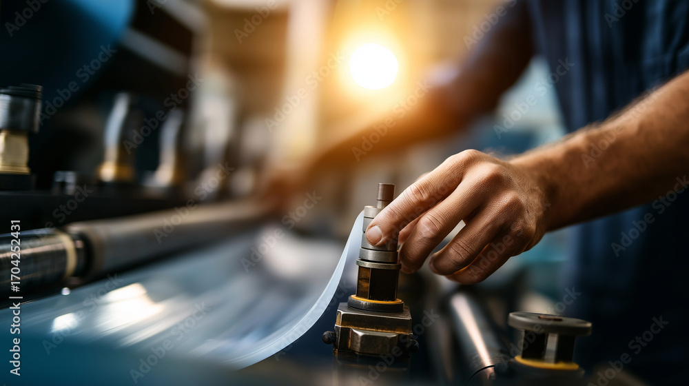 Naklejka premium A roll of flexible polymer material feeds into a flexographic press an unrecognizable Black worker adjusting settings in the blurred background ink rollers spinning control dial