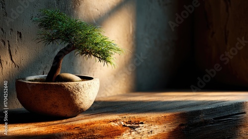 A small bonsai tree sits in a rustic pot on a wooden surface, illuminated by soft sunlight, creating a serene and tranquil atmosphere.