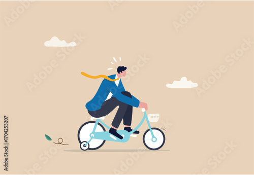 Practice, training or effort for career growth or business success, entrepreneur, amateur begin or start new business concept, newcomer businessman practice riding child bicycle with training wheels.
