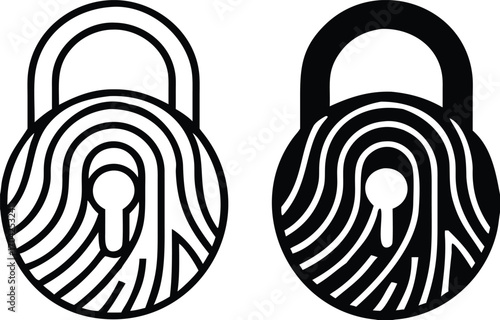 Security Icons. Black and White Vector Illustrations. Padlock and Fingerprint. Cybersecurity and Privacy. Online Data Protection from Hacking, Password. Concept Protection

