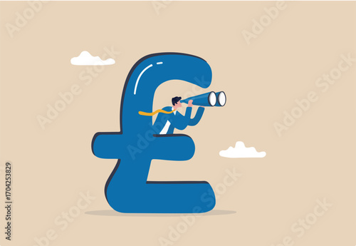 UK, United Kingdom economy forecast, financial or business visionary, England investment profit opportunity concept, businessman hiding behind large UK currency pound using binoculars to see future.