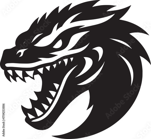 Fierce black dragon head with sharp teeth and spiky mane intense roaring graphic design