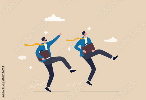 Happy success businessman partner with cheerful jumping metaphor of success in work or career, optimistic or positive thinking, celebrating goal achievement or freedom after work or Friday concept.