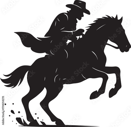 Black silhouette of a cowboy riding a galloping horse