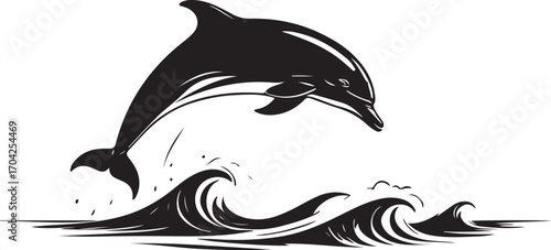 Black silhouette of a dolphin leaping over waves jumping