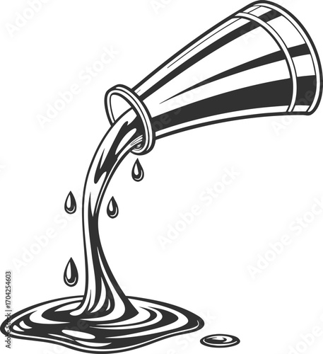 Vintage metal cup pouring liquid with drops splashing on the ground. Detailed black and white vector illustration perfect for beverage, kitchen, or rustic design themes. Ideal for creative and editori