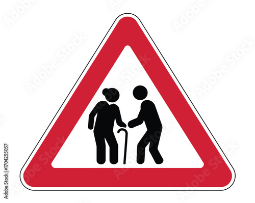 An illustration of a triangular traffic warning sign with pictograms of elderly pedestrians on a white background