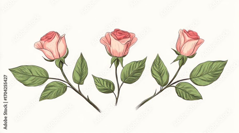 Obraz premium Vintage illustration pink rosebuds with leaves