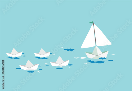 Be different or innovative to win business competition, competitive advantage, leadership or skill to achieve success concept, origami paper boats competition with extra innovative sailing leader.