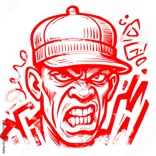 Intense angry man with hat expressing rage in a distressed style, perfect for edgy designs