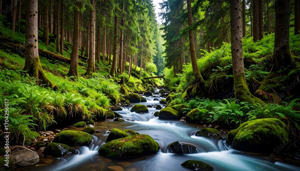 Obraz premium Lush forest stream flowing through mossy rocks