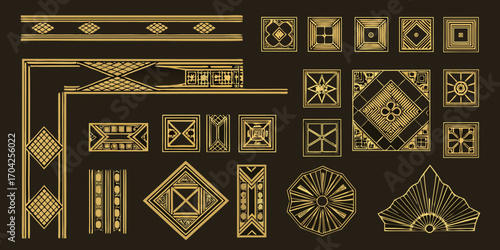 Collection of art deco geometric patterns and decorative elements in gold on a dark background