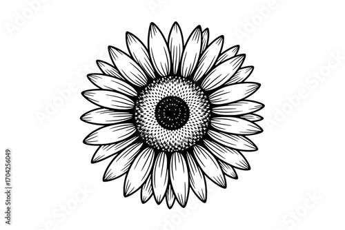 Single Black and White Sunflower Illustration: Detailed Line Art of a Sunflower with Central Disk and Ray Florets
