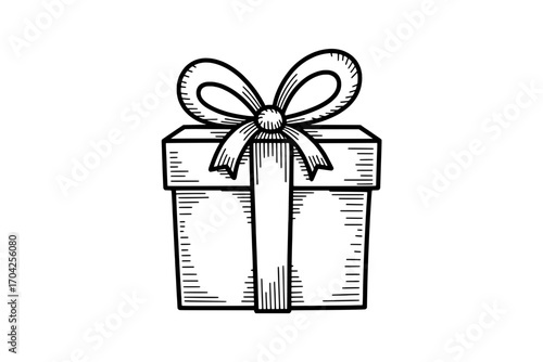 Single Hand-Drawn Black and White Gift Box with Bow Icon:  Vintage Style Illustration