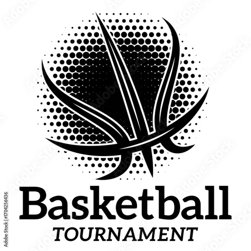 Basketball tournament emblem with abstract ball silhouette and halftone dots pattern in modern monochrome graphic vector design.