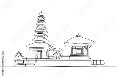 Single-Line Drawing of Balinese Temple Complex:  Three Structures in Minimalist Style