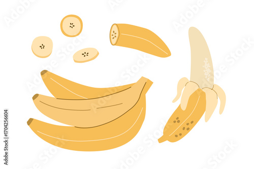 Illustrated bunch of bananas with peeled and sliced sections. Abstract modern banana vector illustration. 