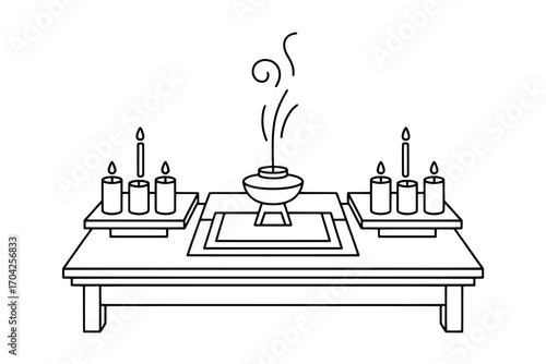 Line Art Illustration: Butsudan with Candles and Incense Burner on Low Table