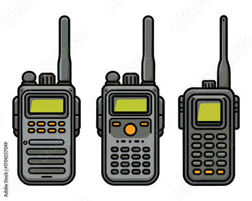 Vector illustration of three handheld walkie-talkie two-way radios. A collection of portable communication transceivers isolated