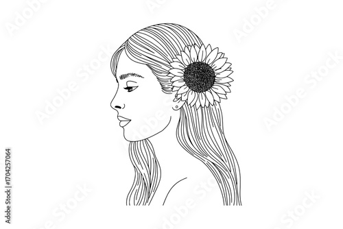 Line Art Illustration: Woman's Profile with Sunflower in Hair
