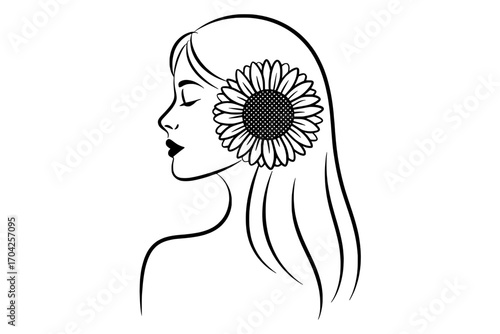 Line Art Illustration: Woman's Profile with Sunflower Behind Ear