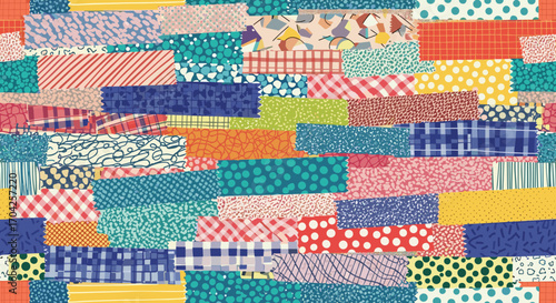 A vibrant patchwork of colorful fabric scraps and textile patterns creating a textured mosaic
