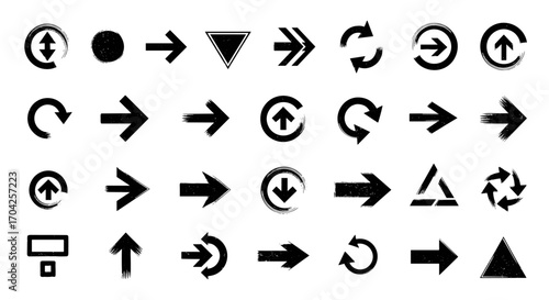 Set of grunge style arrow and directional icons representing movement and navigation concepts