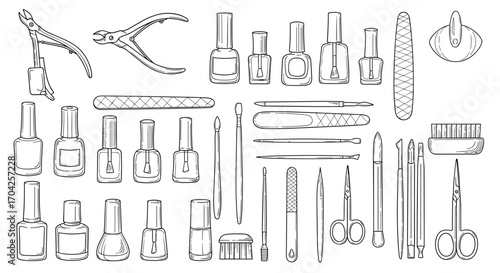 Comprehensive collection of manicure and pedicure tools for nail care and beauty treatments