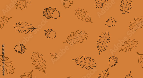 Charming autumn fall pattern featuring oak leaves and acorns on a warm orange background