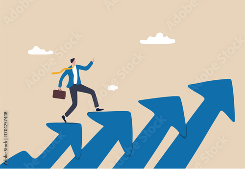 Business growth and career path, climb up ladder of success or staircase to grow up, ambition and leadership to achieve target concept, confidence businessman walk or stepping up growth arrow stair.