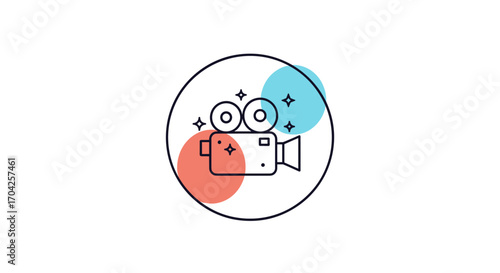 Vintage movie camera with colorful circles and sparkles icon for creative projects